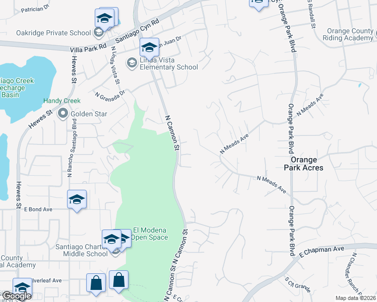 map of restaurants, bars, coffee shops, grocery stores, and more near 5846 East Sandstone Court in Orange