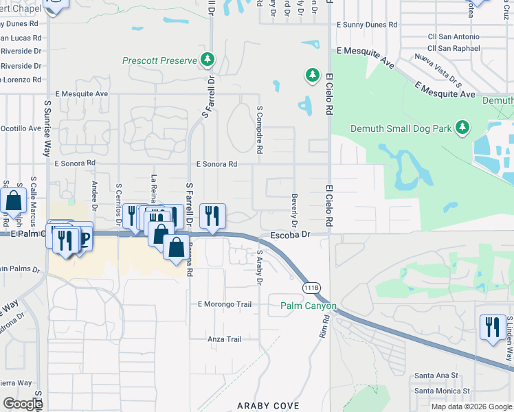 map of restaurants, bars, coffee shops, grocery stores, and more near 1592 South Compadre Road in Palm Springs