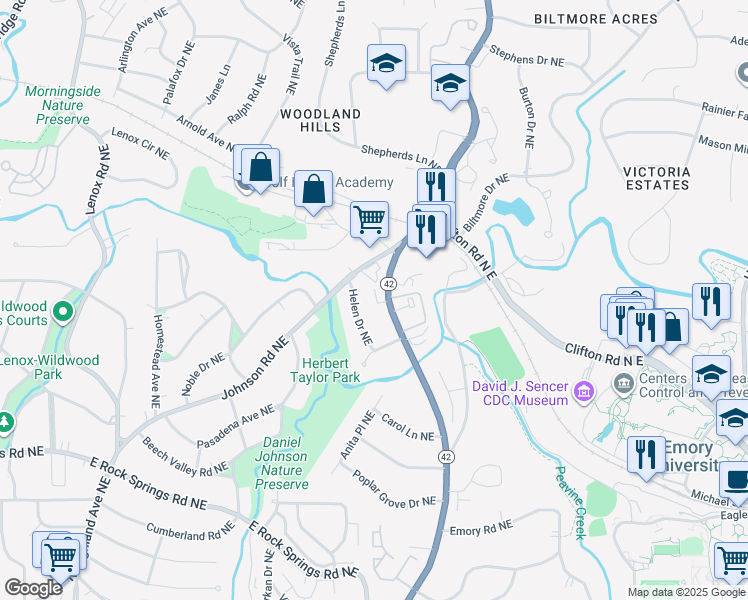 map of restaurants, bars, coffee shops, grocery stores, and more near 1676 Briarcliff Road Northeast in Atlanta