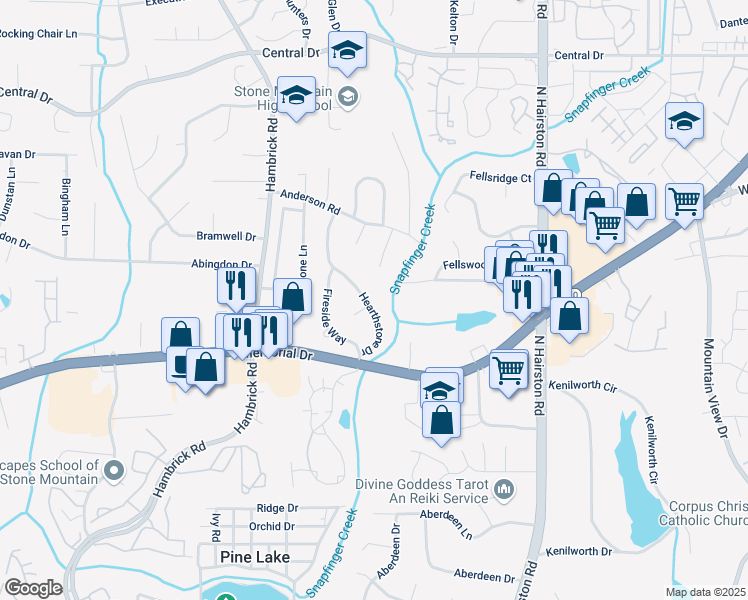 map of restaurants, bars, coffee shops, grocery stores, and more near 873 Hearthstone Drive in Stone Mountain