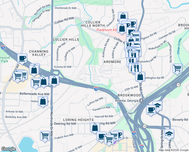 map of restaurants, bars, coffee shops, grocery stores, and more near 216 Semel Drive in Atlanta