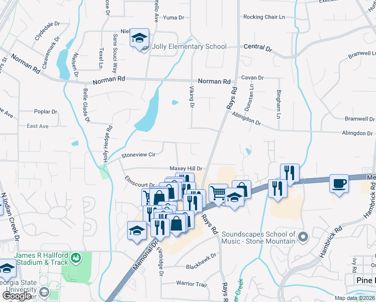 map of restaurants, bars, coffee shops, grocery stores, and more near 868 Maxey Hill Court in Stone Mountain