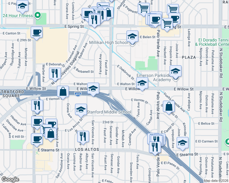 map of restaurants, bars, coffee shops, grocery stores, and more near 2531 Gondar Avenue in Long Beach
