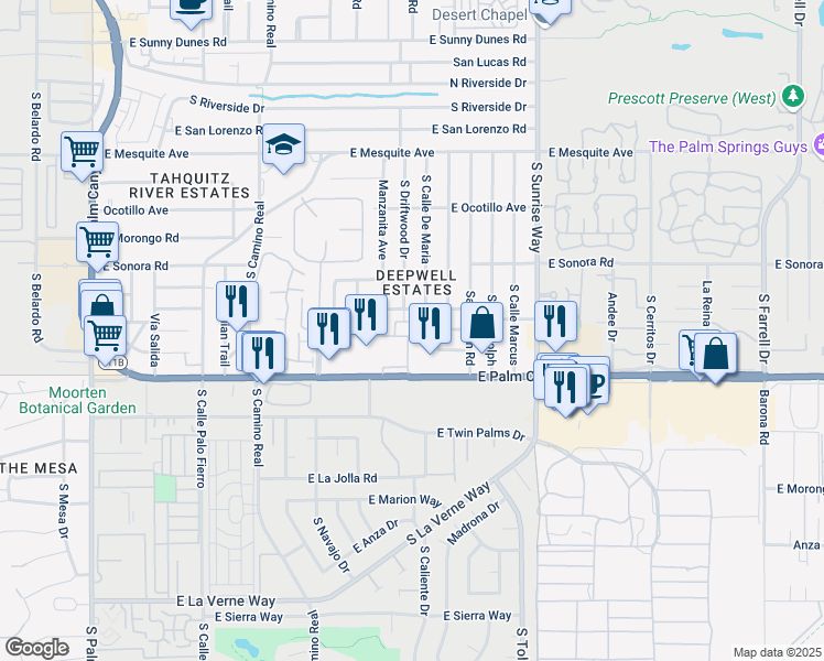 map of restaurants, bars, coffee shops, grocery stores, and more near 1150 East Palm Canyon Drive in Palm Springs