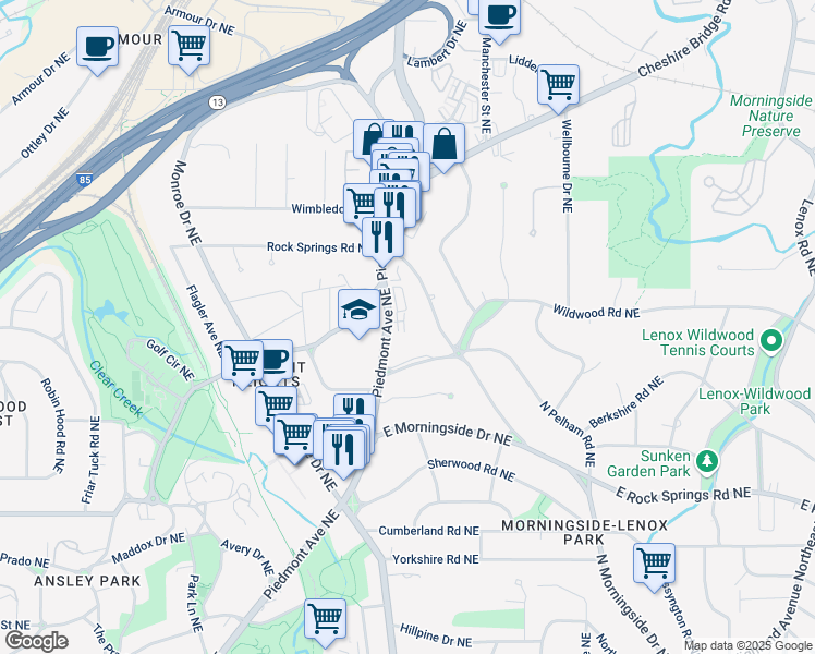 map of restaurants, bars, coffee shops, grocery stores, and more near 1765 Beckham Place Northeast in Atlanta