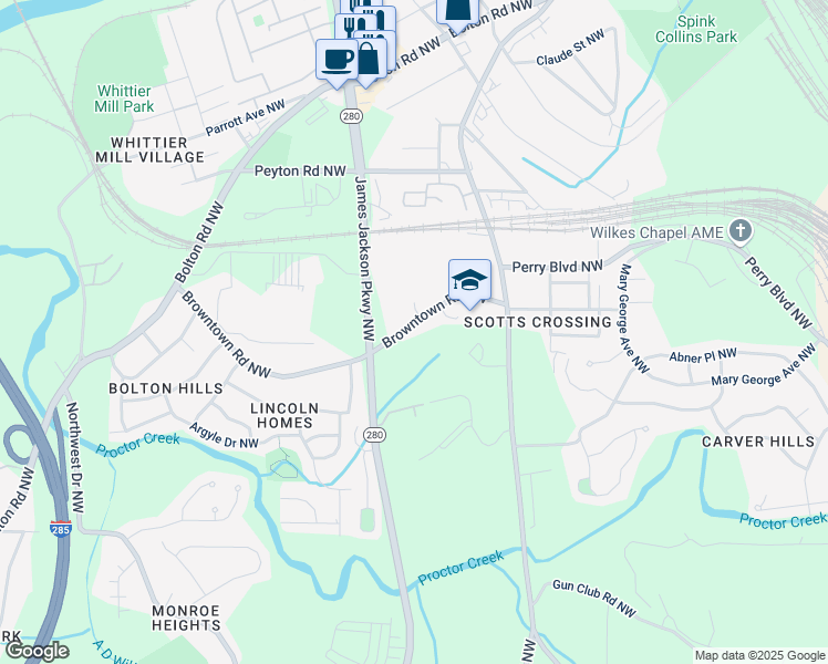 map of restaurants, bars, coffee shops, grocery stores, and more near 2626 Browntown Road Northwest in Atlanta