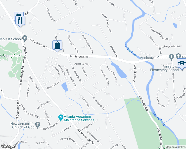 map of restaurants, bars, coffee shops, grocery stores, and more near 4854 Manor Drive Southwest in Stone Mountain