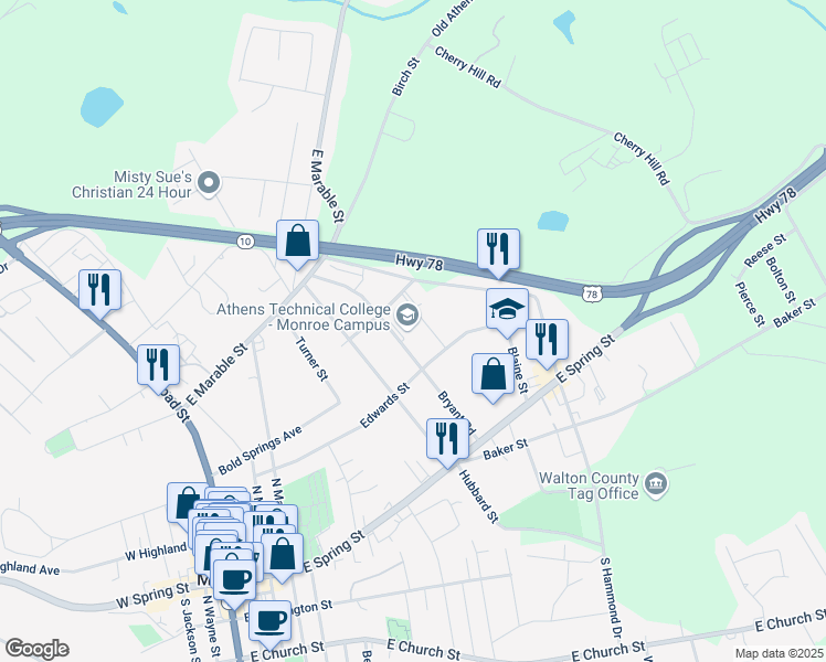 map of restaurants, bars, coffee shops, grocery stores, and more near 212 Bryant Road in Monroe