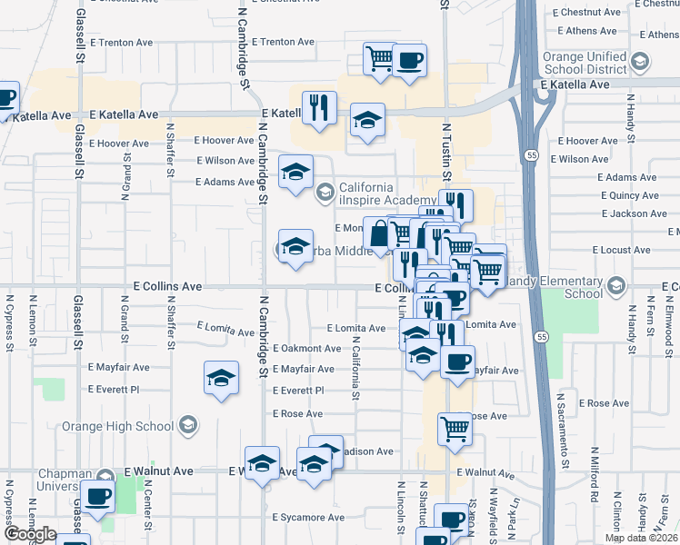 map of restaurants, bars, coffee shops, grocery stores, and more near 1145 East Collins Avenue in Orange