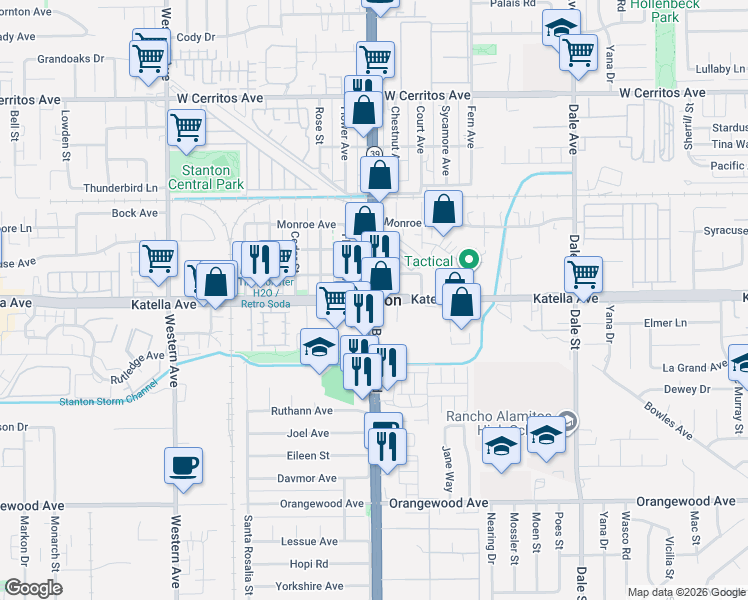 map of restaurants, bars, coffee shops, grocery stores, and more near in Stanton