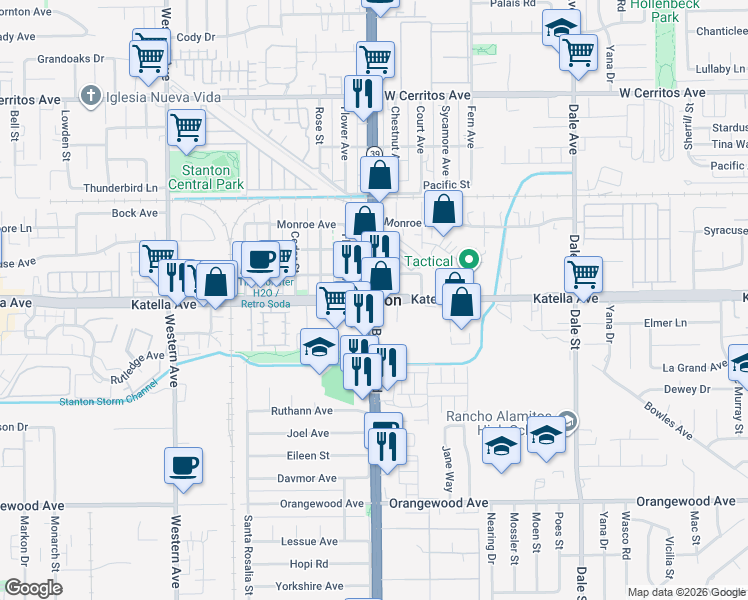 map of restaurants, bars, coffee shops, grocery stores, and more near in Stanton