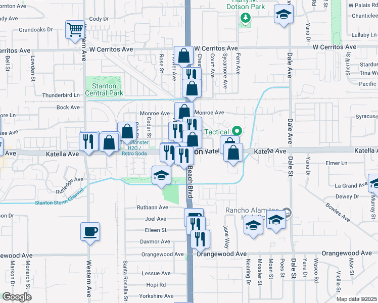 map of restaurants, bars, coffee shops, grocery stores, and more near 7271 Katella Avenue in Stanton
