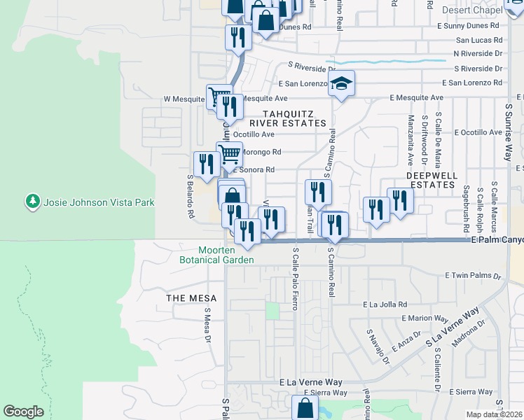 map of restaurants, bars, coffee shops, grocery stores, and more near 1500 South Vía Entrada in Palm Springs