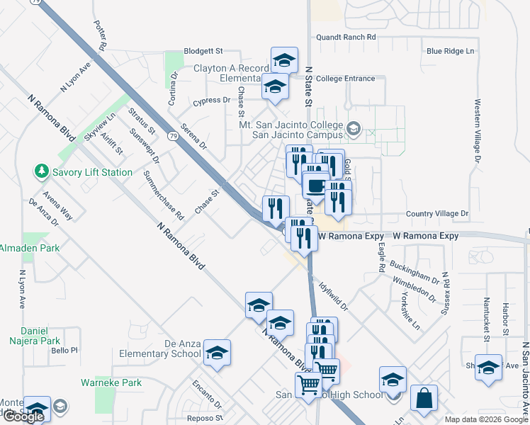 map of restaurants, bars, coffee shops, grocery stores, and more near 858 Acorn Drive in San Jacinto