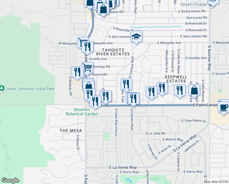 map of restaurants, bars, coffee shops, grocery stores, and more near 1611 South Calle Palo Fierro in Palm Springs