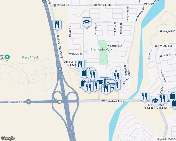 map of restaurants, bars, coffee shops, grocery stores, and more near 35035 North Valley Parkway in Phoenix