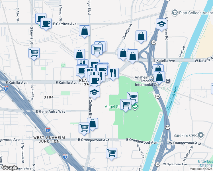 map of restaurants, bars, coffee shops, grocery stores, and more near 2100 East Katella Avenue in Anaheim