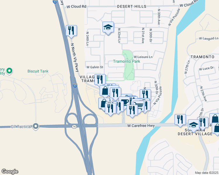 map of restaurants, bars, coffee shops, grocery stores, and more near 35035 North Valley Parkway in Phoenix