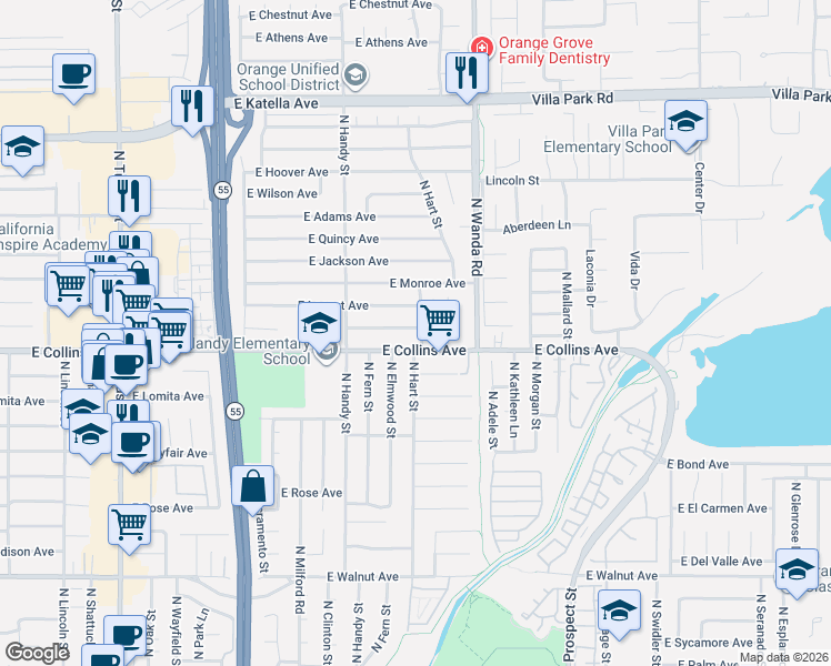 map of restaurants, bars, coffee shops, grocery stores, and more near 2643 East Collins Avenue in Orange