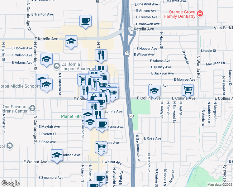 map of restaurants, bars, coffee shops, grocery stores, and more near 931 North Highland Street in Orange