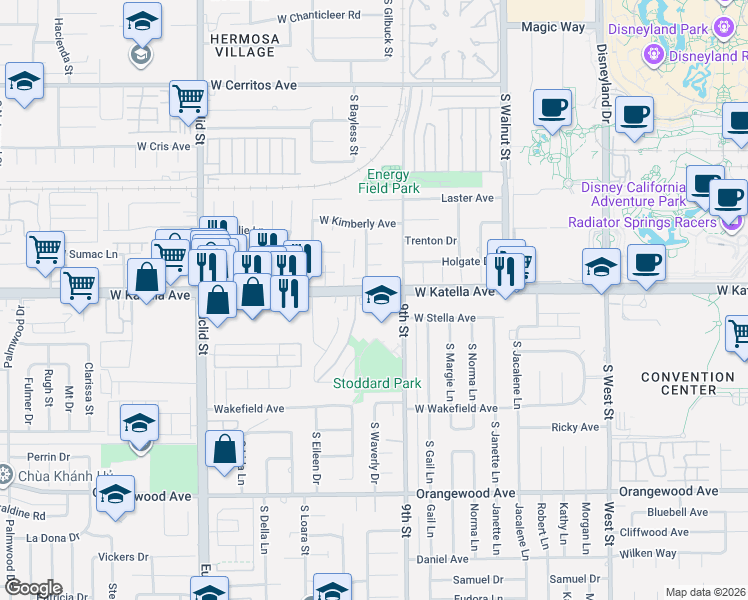 map of restaurants, bars, coffee shops, grocery stores, and more near 1841 9th Street in Anaheim