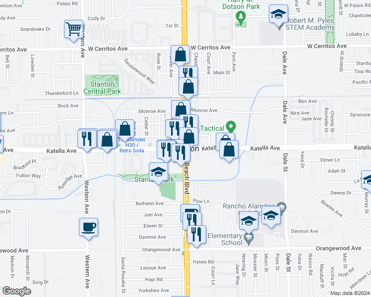 map of restaurants, bars, coffee shops, grocery stores, and more near in Stanton