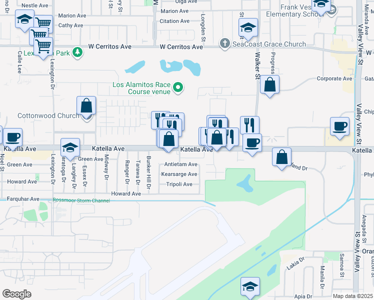 map of restaurants, bars, coffee shops, grocery stores, and more near 5182 Katella Avenue in Cypress