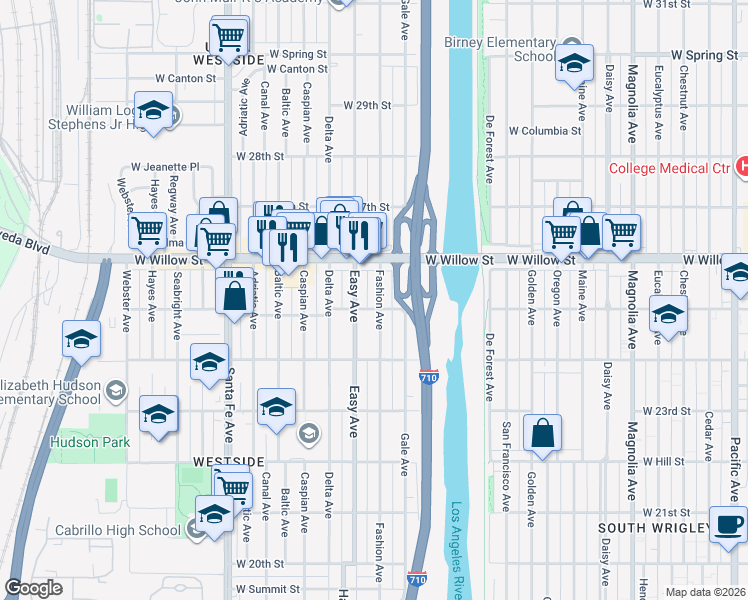 map of restaurants, bars, coffee shops, grocery stores, and more near 2489 Fashion Avenue in Long Beach