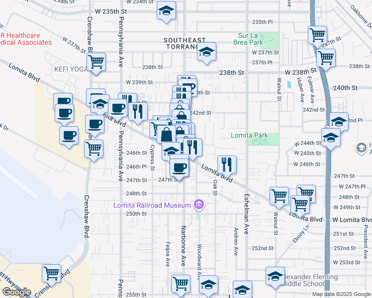 map of restaurants, bars, coffee shops, grocery stores, and more near in Lomita