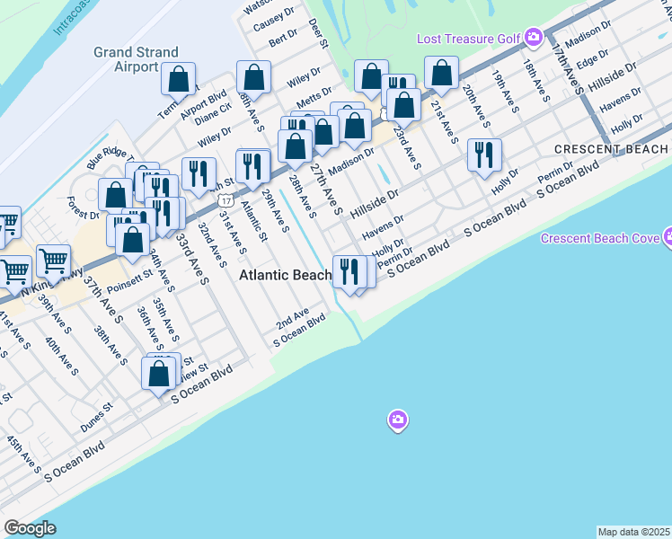 map of restaurants, bars, coffee shops, grocery stores, and more near 305 28th Avenue South in North Myrtle Beach