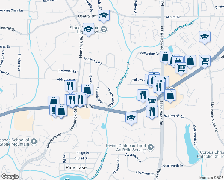 map of restaurants, bars, coffee shops, grocery stores, and more near 873 Hearthstone Drive in Stone Mountain