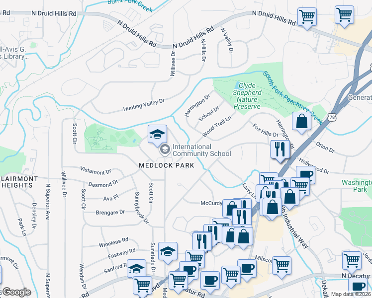 map of restaurants, bars, coffee shops, grocery stores, and more near 1000 Gaylemont Circle in Decatur