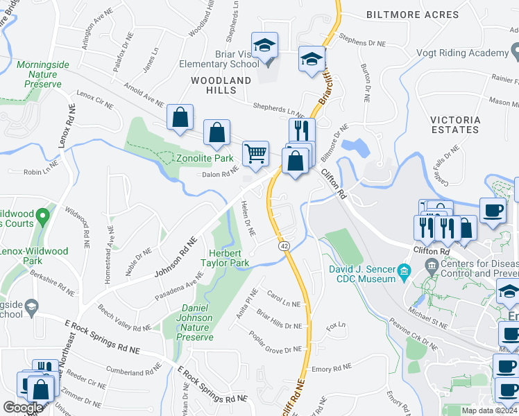 map of restaurants, bars, coffee shops, grocery stores, and more near 1755 Helen Drive Northeast in Atlanta