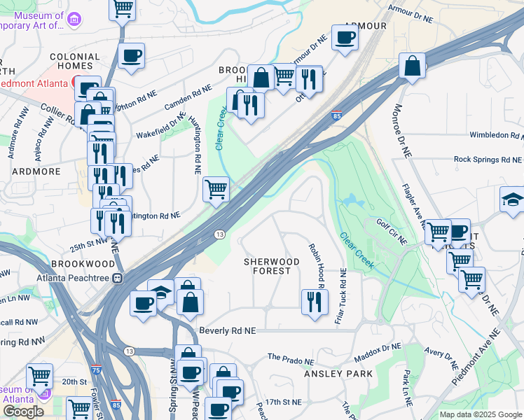 map of restaurants, bars, coffee shops, grocery stores, and more near 1760 Barnesdale Way Northeast in Atlanta