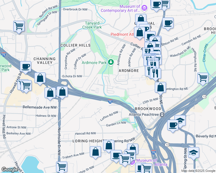 map of restaurants, bars, coffee shops, grocery stores, and more near 216 Semel Drive in Atlanta