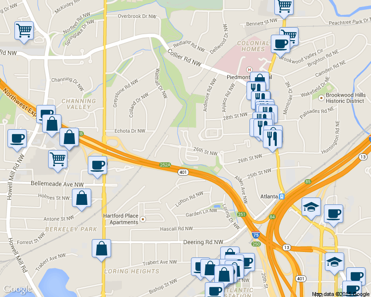 map of restaurants, bars, coffee shops, grocery stores, and more near 216 Semel Drive in Atlanta
