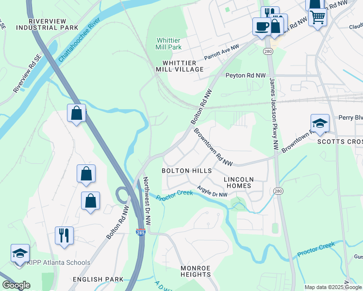 map of restaurants, bars, coffee shops, grocery stores, and more near 1769 Bolton Road Northwest in Atlanta
