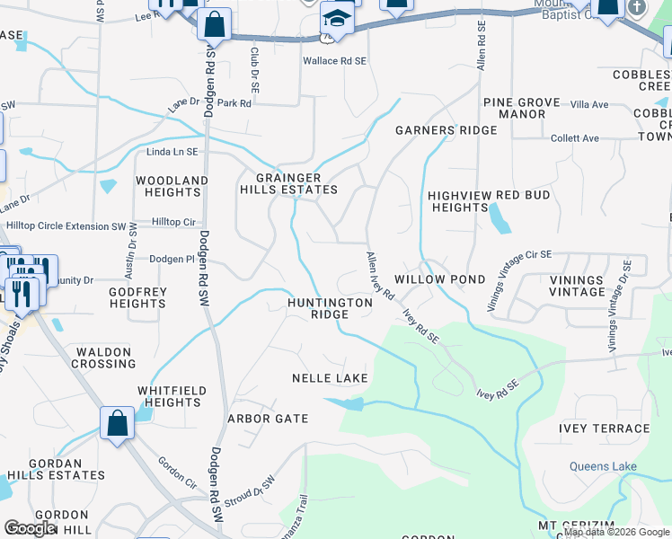 map of restaurants, bars, coffee shops, grocery stores, and more near 104 Milam Creek Road in Mableton