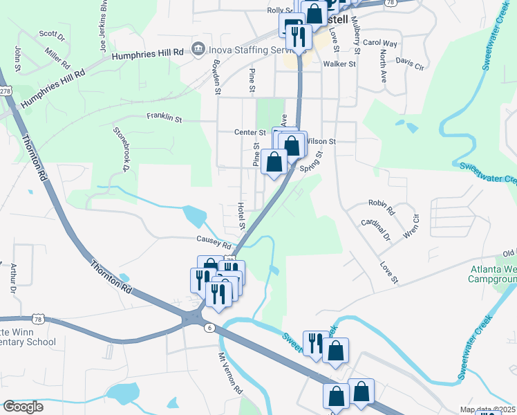 map of restaurants, bars, coffee shops, grocery stores, and more near 7201 Pine Street in Austell