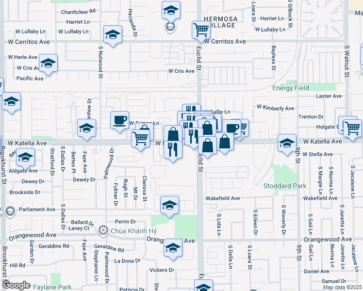 map of restaurants, bars, coffee shops, grocery stores, and more near 10840 Katella Avenue in Garden Grove