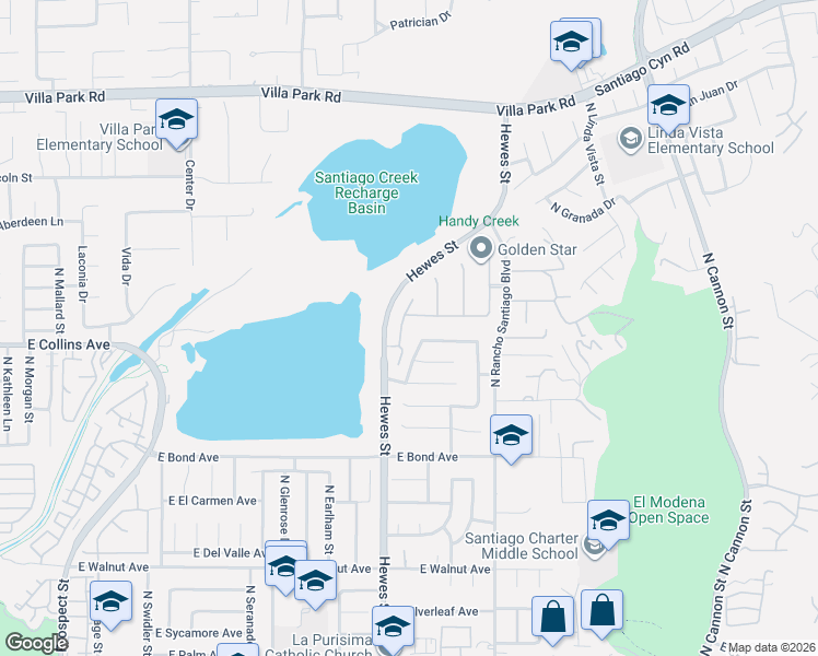 map of restaurants, bars, coffee shops, grocery stores, and more near 4621 East Swallow Avenue in Orange