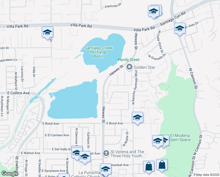 map of restaurants, bars, coffee shops, grocery stores, and more near 935 North Big Sky Lane in Orange