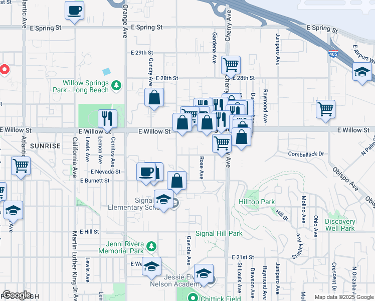 map of restaurants, bars, coffee shops, grocery stores, and more near 1604 Crescent Heights Street in Signal Hill