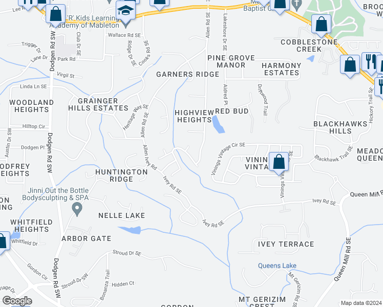 map of restaurants, bars, coffee shops, grocery stores, and more near 226 Clydesdale Lane Southeast in Mableton