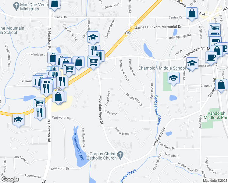map of restaurants, bars, coffee shops, grocery stores, and more near 891 Churchill Court in Stone Mountain