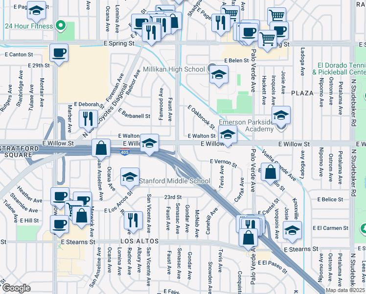 map of restaurants, bars, coffee shops, grocery stores, and more near 2531 Gondar Avenue in Long Beach