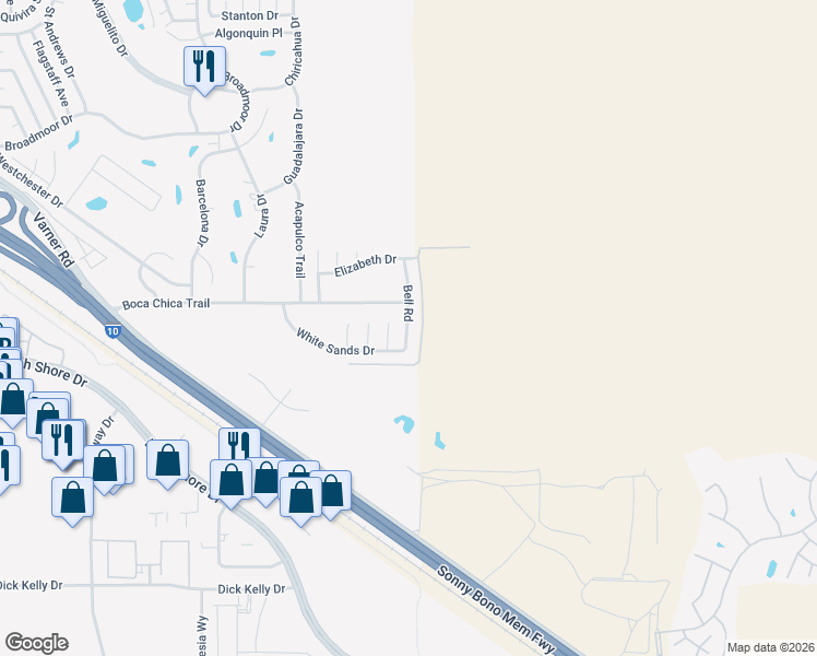 map of restaurants, bars, coffee shops, grocery stores, and more near Callita Bell in Thousand Palms