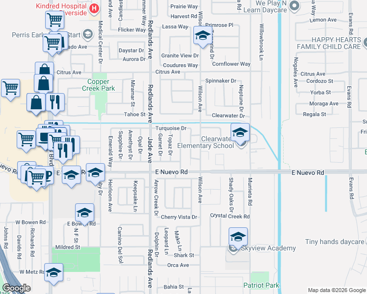 map of restaurants, bars, coffee shops, grocery stores, and more near 1699 Glenview Drive in Perris