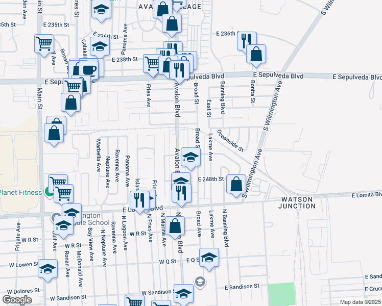 map of restaurants, bars, coffee shops, grocery stores, and more near 625 East 246th Street in Los Angeles