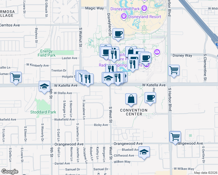 map of restaurants, bars, coffee shops, grocery stores, and more near 1331 West Street in Anaheim